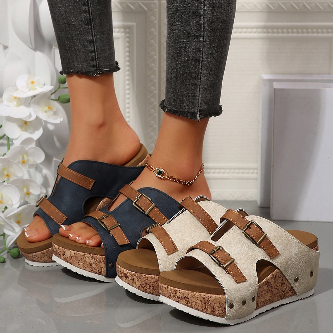 Damen Keil-Pantolette mit Korkplateau, verstellbaren Doppelriemen und gepolstertem Komfortfußbett Drune