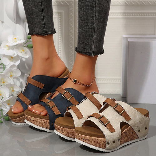 Damen Keil-Pantolette mit Korkplateau, verstellbaren Doppelriemen und gepolstertem Komfortfußbett Drune
