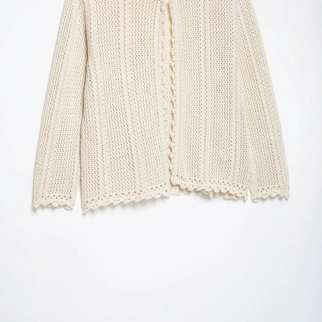 Damen Lockerer Häkelstrick-Cardigan mit feinem Lochmuster und Scallop-Saum Drune
