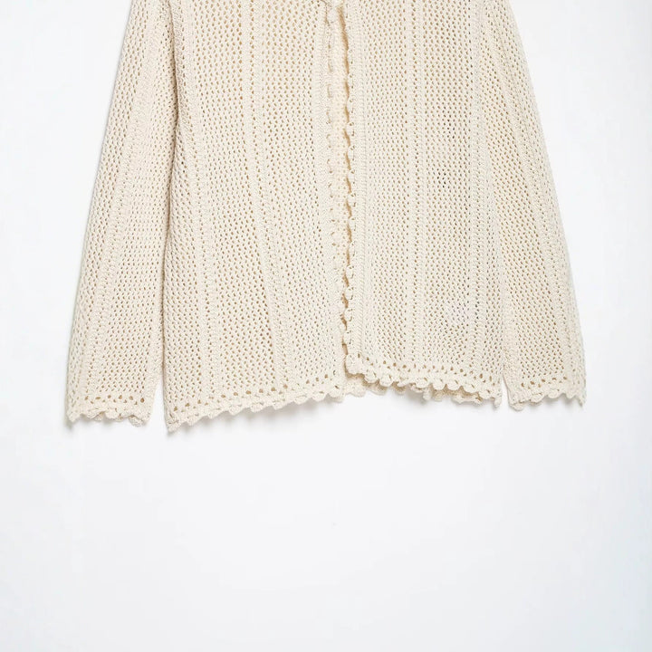Damen Lockerer Häkelstrick-Cardigan mit feinem Lochmuster und Scallop-Saum Drune