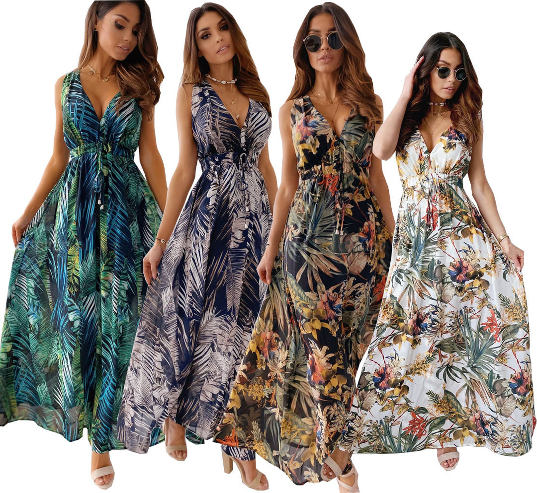 Damen Maxikleid mit V-Ausschnitt und raffiniertem Bindegürtel Drune