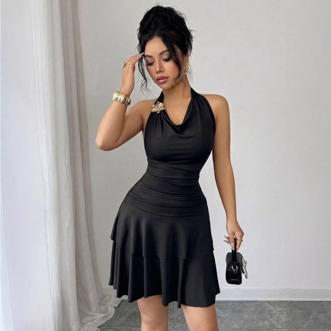 Damen nan Halter-Midikleid mit Wasserfall-Ausschnitt, taillierter Raffung und stufenweisem Volantrock Drune