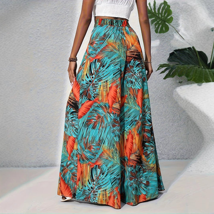 Damen Palazzo-Hose mit lebendigem Palmenmuster und elastischem High-Waist-Bund Drune