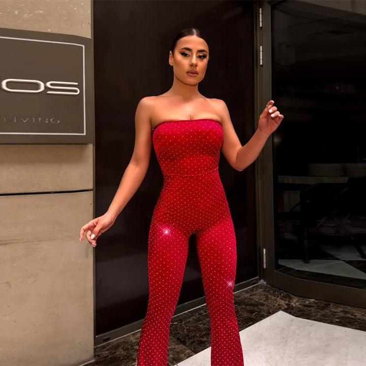 Damen Eleganter und figurbetonter Jumpsuit mit schimmernden Applikationen Drune