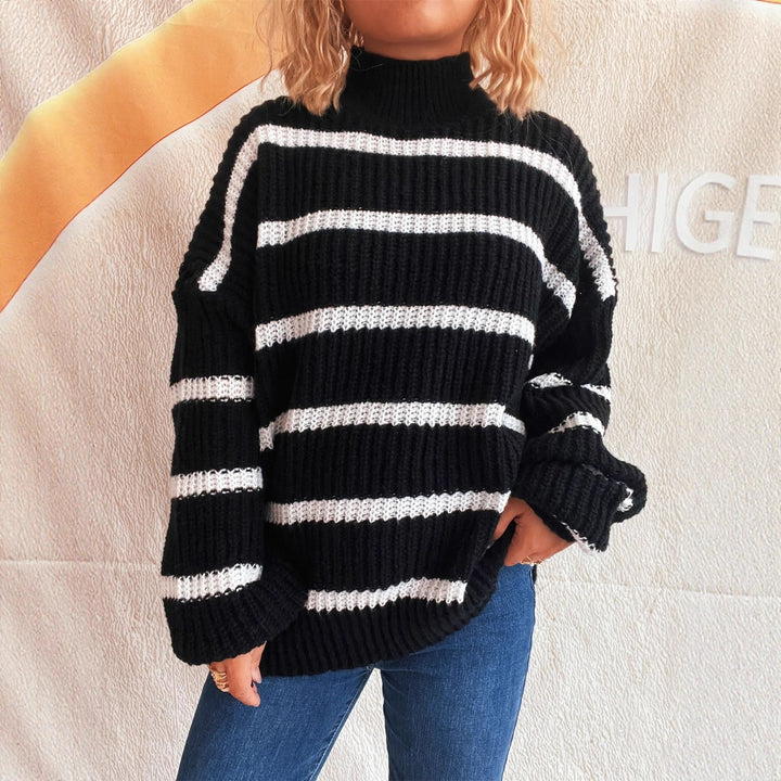 Damen modischer Grobstrickpullover mit Rollkragen und Streifenmuster Drune