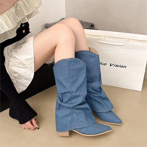 Damen Slouchy Cowboy‑Stiefel aus Denim mit spitzer Zehenform und niedrigem Blockabsatz Drune