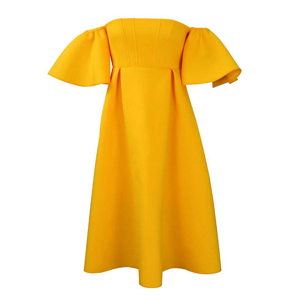 Damen A-Linie Kleid mit schulterfreien Puffärmeln und Taillierung Drune