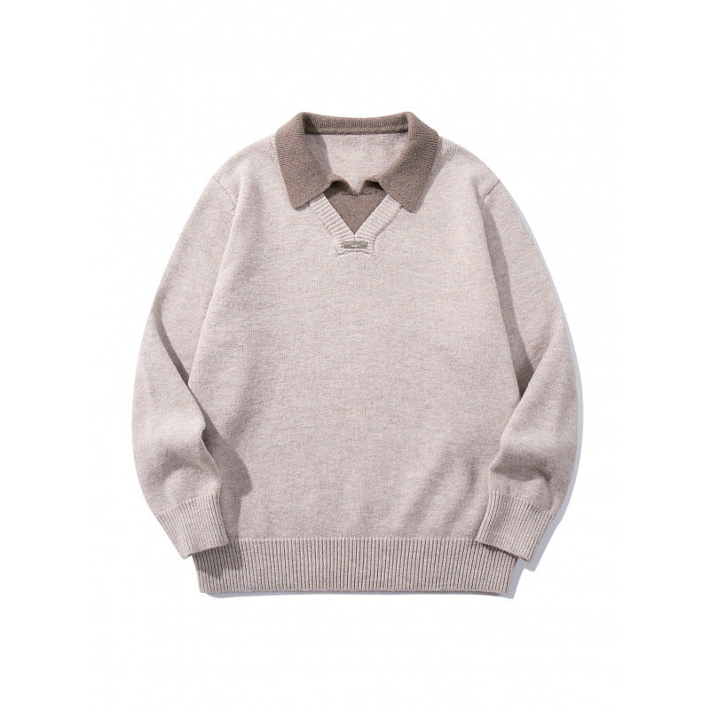 Herren Relaxter Merino-Mix Strickpullover mit kontrastierendem Polokragen und V-Detail Drune