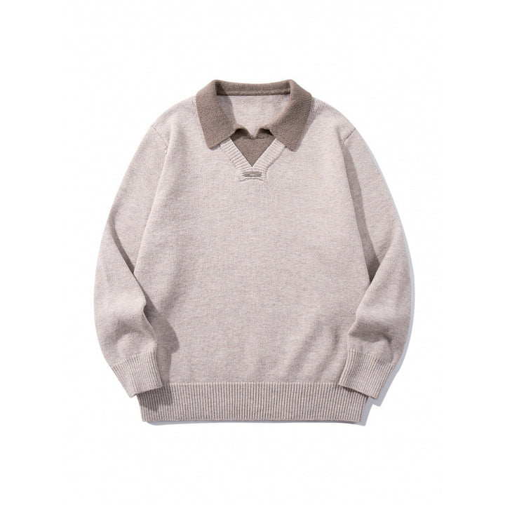 Herren Relaxter Merino-Mix Strickpullover mit kontrastierendem Polokragen und V-Detail Drune