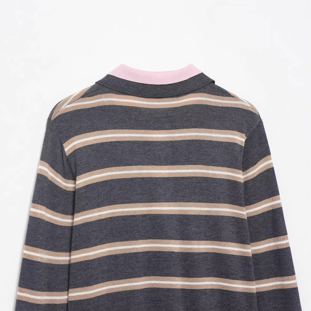 Damen Feinstrick-Rugby-Pullover mit kontrastierendem Kragen und Knopfleiste Drune