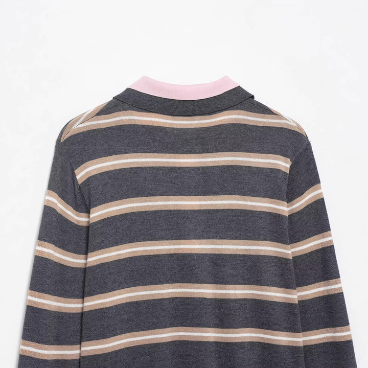 Damen Feinstrick-Rugby-Pullover mit kontrastierendem Kragen und Knopfleiste Drune