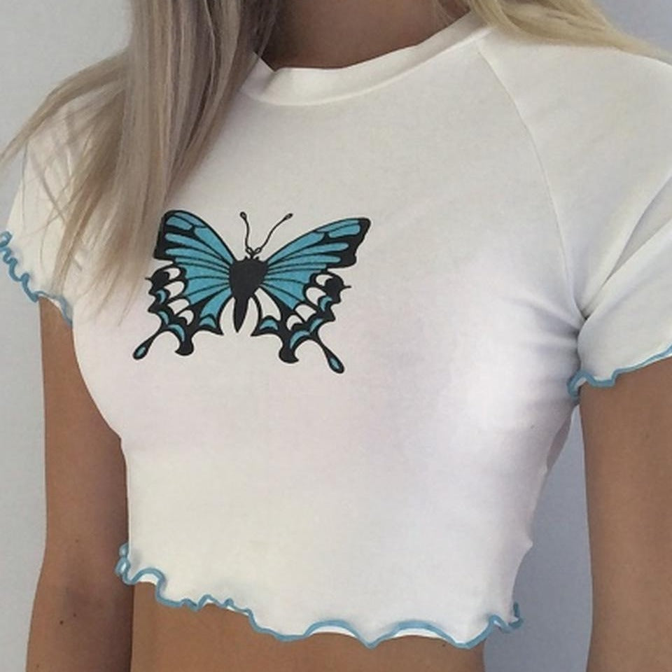 Damen Crop-Top mit kreativem Schmetterlingsdruck und gewelltem Saum Drune