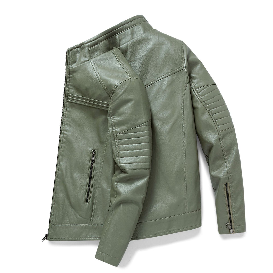 Herren Slim-Fit Kunstleder-Motojacke mit Stehkragen und gesteppter Ärmelpasse Drune