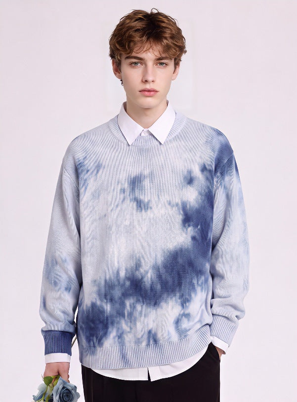 Herren Oversize-Strickpullover mit Batikoptik, Rundhalsausschnitt und Rippbündchen Drune