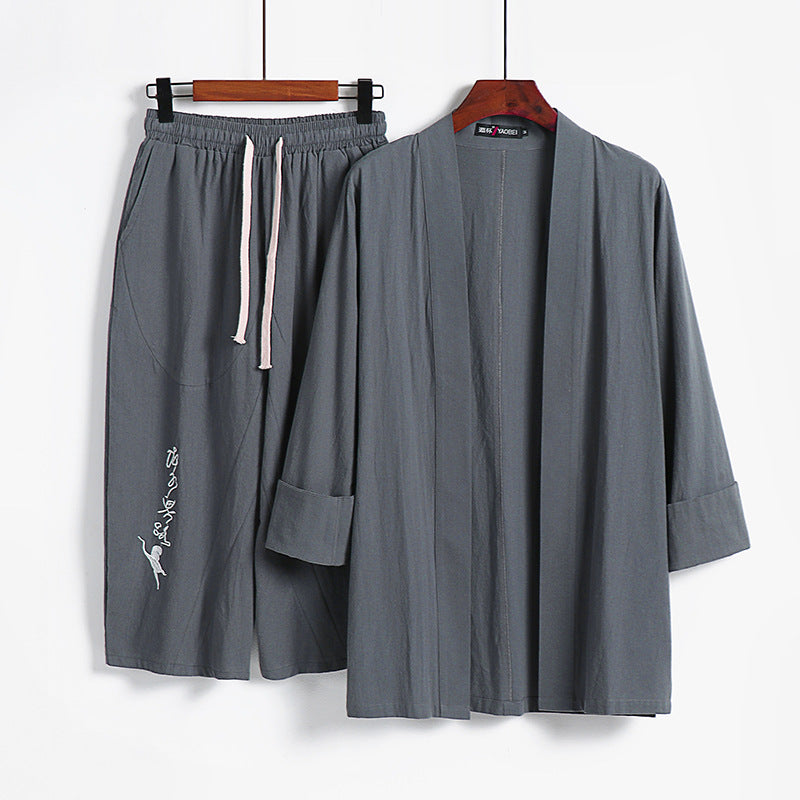 Damen Kimono-Set aus leichter Baumwollmischung offene Jacke mit lässig gekrempelten Ärmeln und weiter Haremshose mit Kordelzug Drune