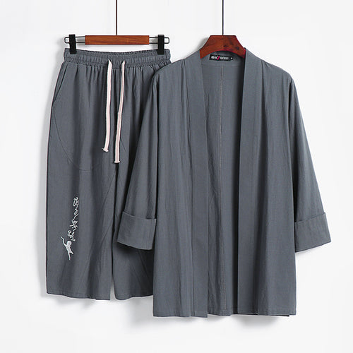 Damen Kimono-Set aus leichter Baumwollmischung offene Jacke mit lässig gekrempelten Ärmeln und weiter Haremshose mit Kordelzug Drune
