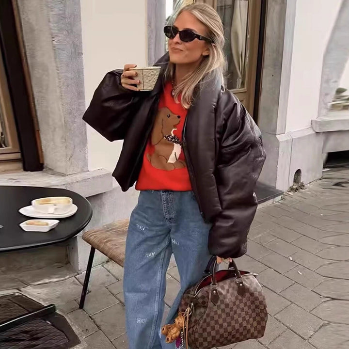 Damen Oversized Kunstleder‑Blouson mit voluminösem Stehkragen und elastischem Saum Drune