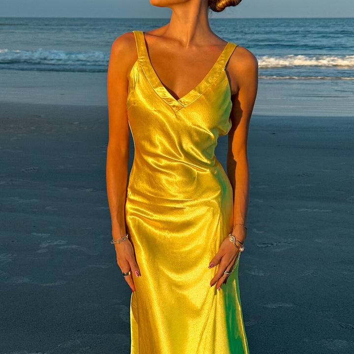 Damen Sommerliches Maxikleid mit elegantem V-Ausschnitt und fließender Silhouette Drune