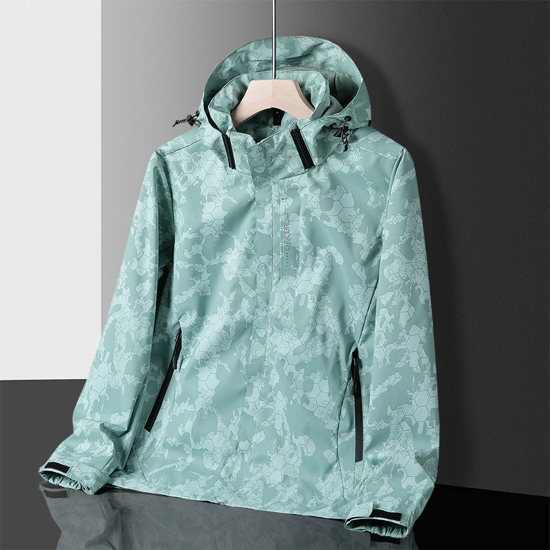 Herren leichter wasserdichter Softshell‑Hoodie mit Kapuze und Tarn‑Hex‑Alloverprint Drune