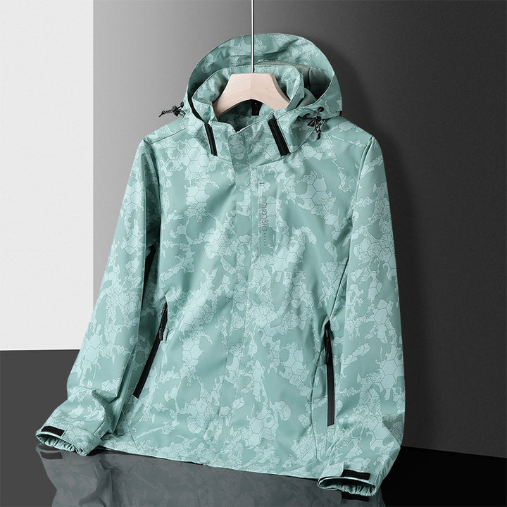 Herren leichter wasserdichter Softshell‑Hoodie mit Kapuze und Tarn‑Hex‑Alloverprint Drune