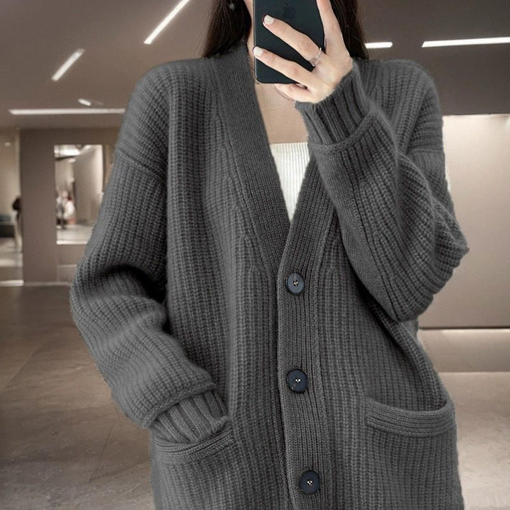 Damen kuschelige Strickjacke mit großen Taschen Drune