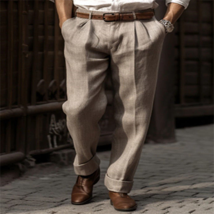 Herren Bundfalten-Leinenchino mit hohem Bund weitem Bein und klassischem Seitentaschenschnitt Drune