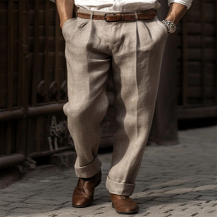 Herren Bundfalten-Leinenchino mit hohem Bund weitem Bein und klassischem Seitentaschenschnitt Drune