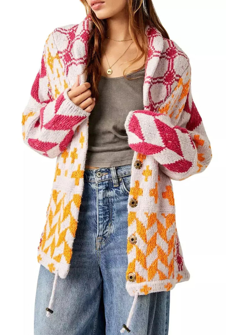 Damen Oversized Strickjacke mit Schalkragen und grafischem Muster Drune