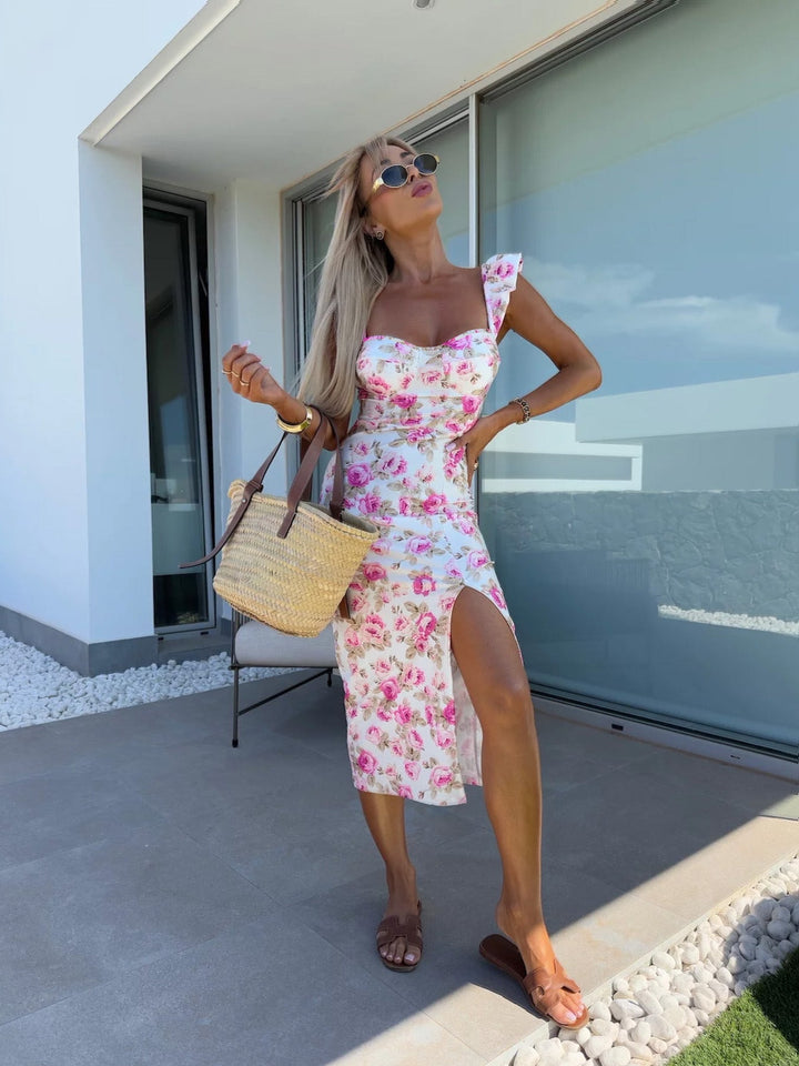 Damen Floral Maxikleid mit Rüschendetails und seitlichem Schlitz Drune