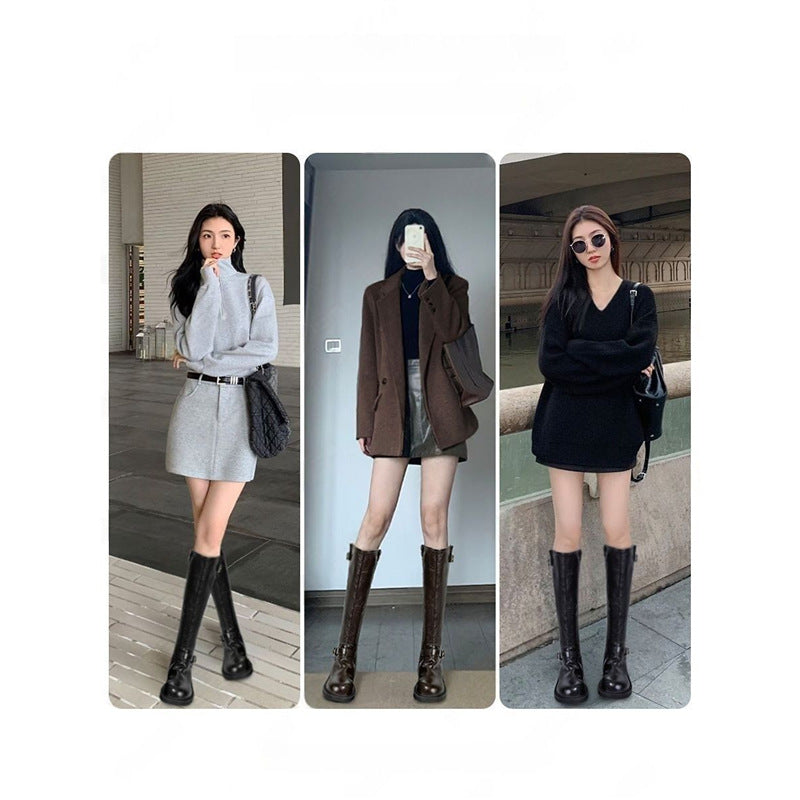 Damen Kniehohe Combat‑Stiefel mit glatter Lederoptik, seitlichem Reißverschluss und Deko‑Schnallen Drune