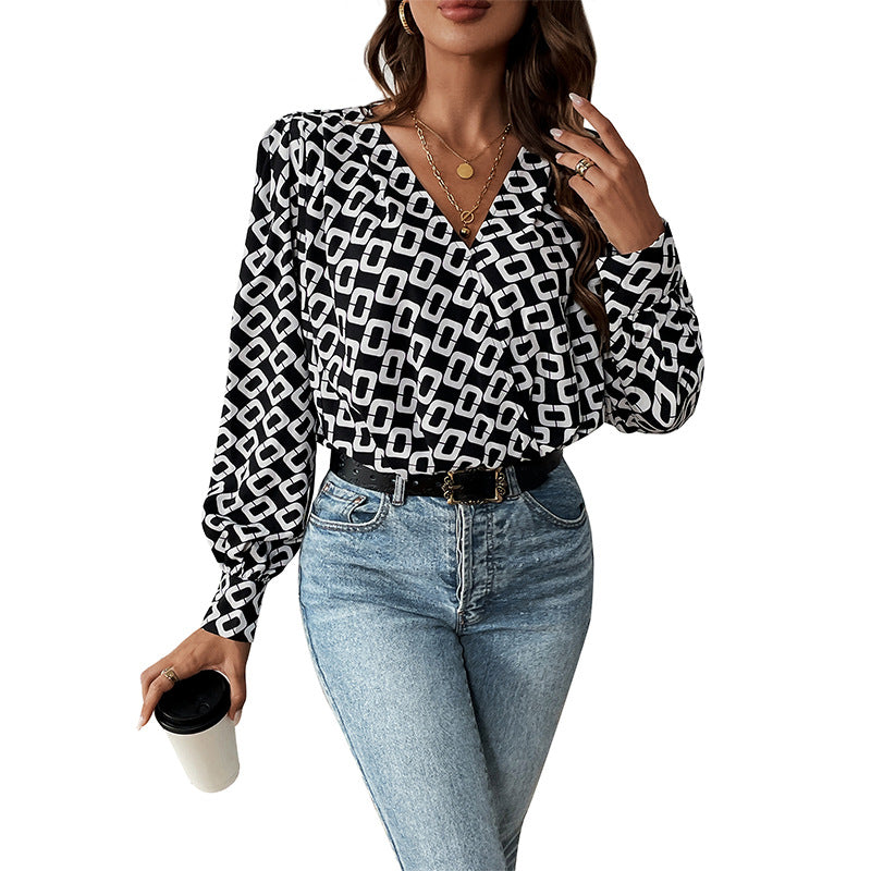 Damen Grafisch gemusterte Viskose-Bluse mit V-Ausschnitt, Wickel-Optik und Ballonärmeln Drune
