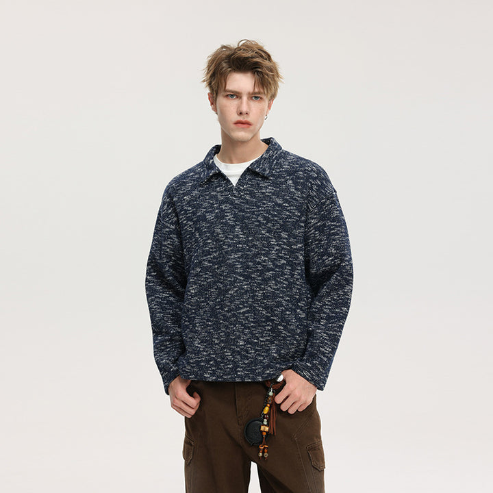 Herren Grobstrick-Kragenpullover mit V-Ausschnitt und Relaxed‑Fit Drune