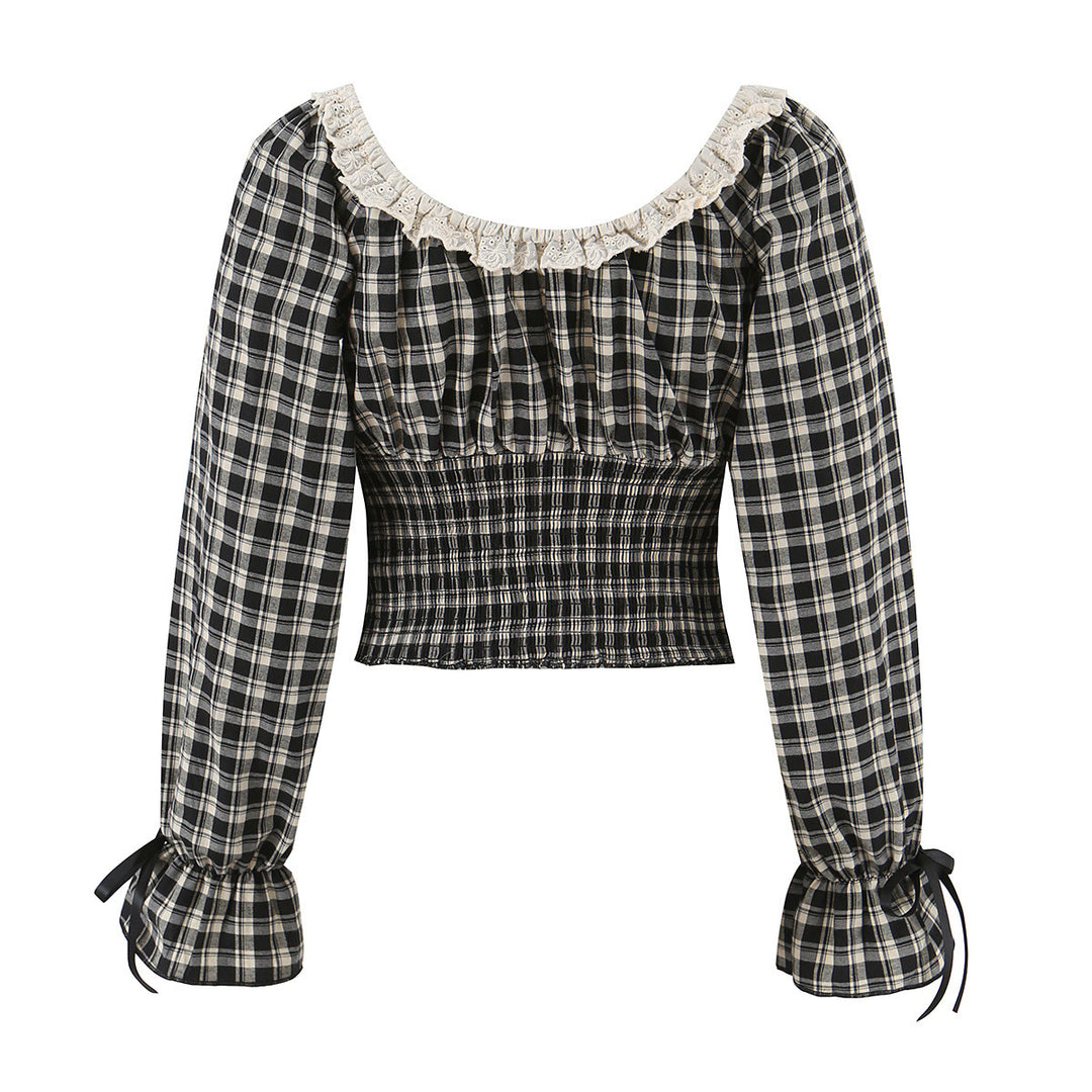 Damen Karierte Cropped-Bluse mit eckigem Ausschnitt, Spitzenbesatz und geraffter Taille Drune