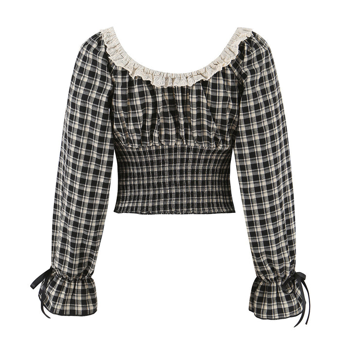 Damen Karierte Cropped-Bluse mit eckigem Ausschnitt, Spitzenbesatz und geraffter Taille Drune