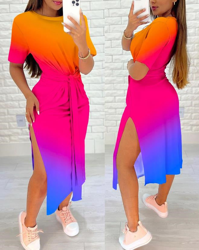 Damen Langarm Wickelkleid mit seitlichem Schlitz und Gürteldetail Drune