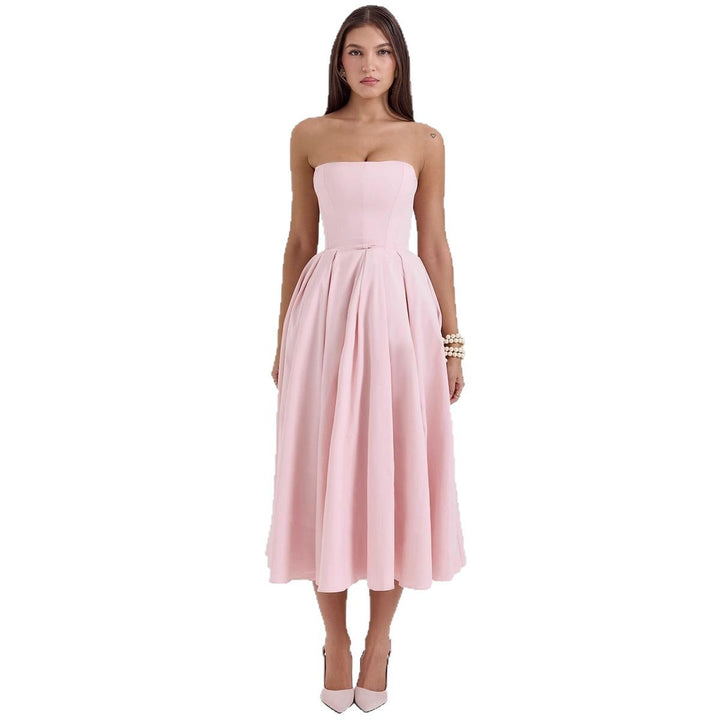 Damen Taillesenkende Midi-Kleid mit schulterfreiem Design und eleganter Faltenstruktur Drune