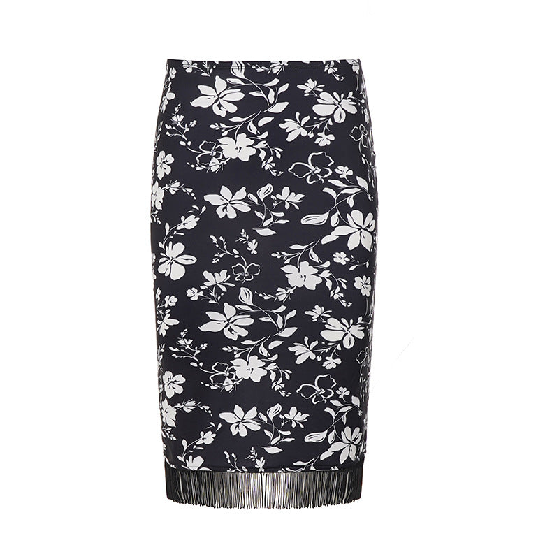 Damen Midirock Bleistiftrock mit floralem Print und Fransenbesatz Drune