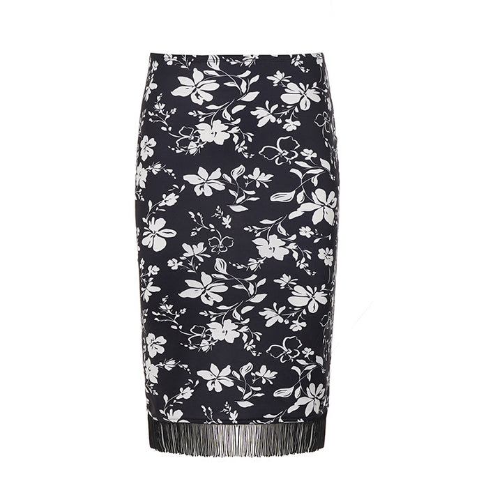 Damen Midirock Bleistiftrock mit floralem Print und Fransenbesatz Drune