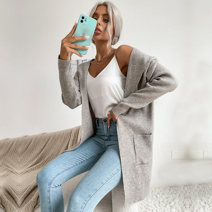 Damen Langärmlige Strickjacke mit Kapuze und seitlichen Taschen Drune