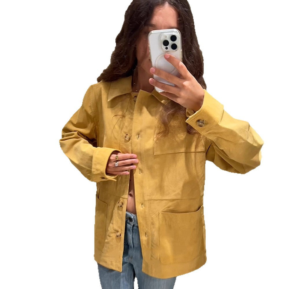 Damen Oversize Baumwoll-Worker-Jacke mit aufgesetzten Taschen Drune