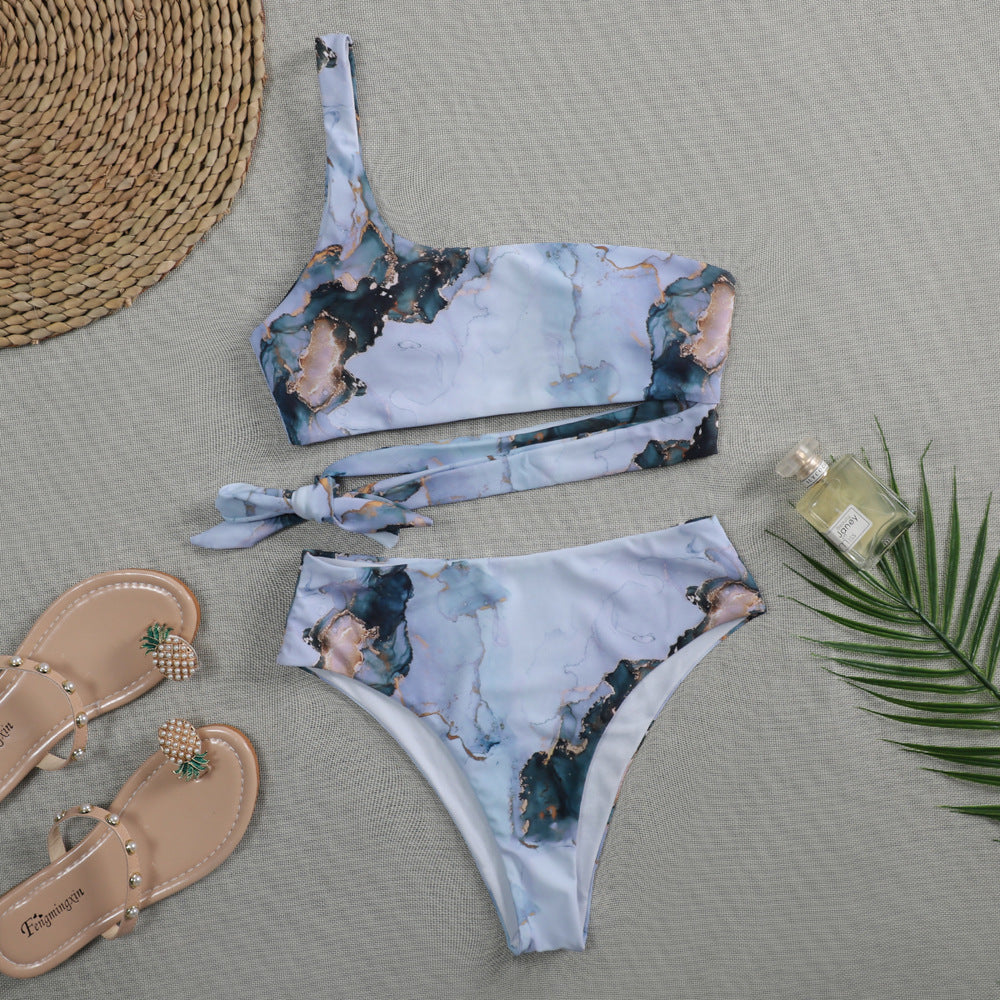 Damen Asymmetrisches Bikini-Set mit geknotetem Oberteil Drune
