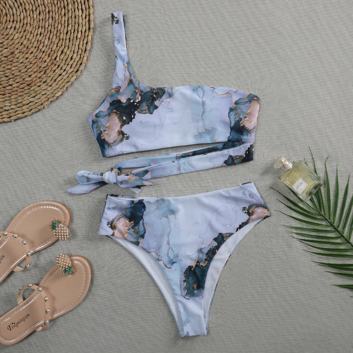 Damen Asymmetrisches Bikini-Set mit geknotetem Oberteil Drune