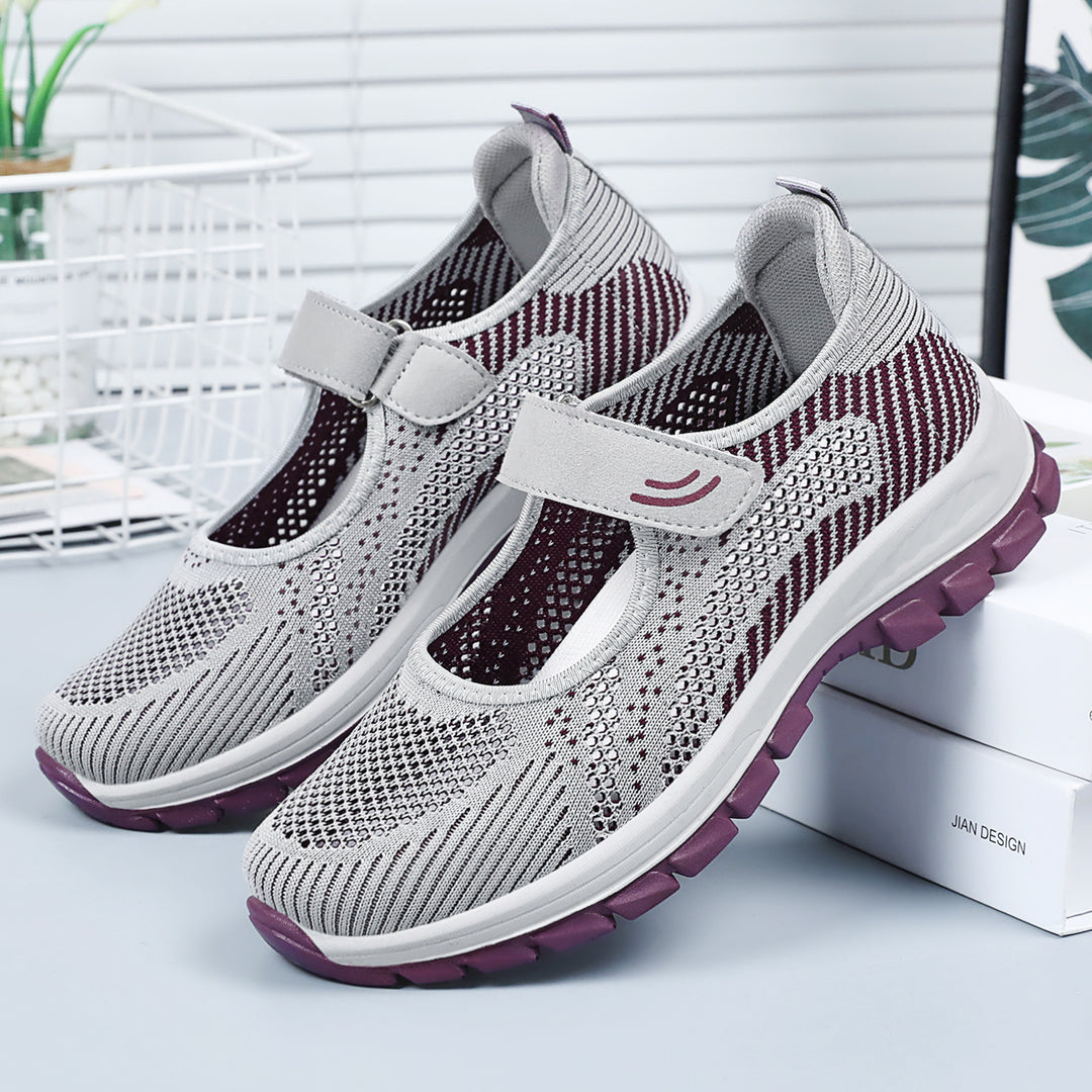 Damen nan atmungsaktive Strick-Mary-Jane-Sneaker mit Klettverschluss, perforiertem Obermaterial und stoßdämpfender EVA-Zwischensohle Drune
