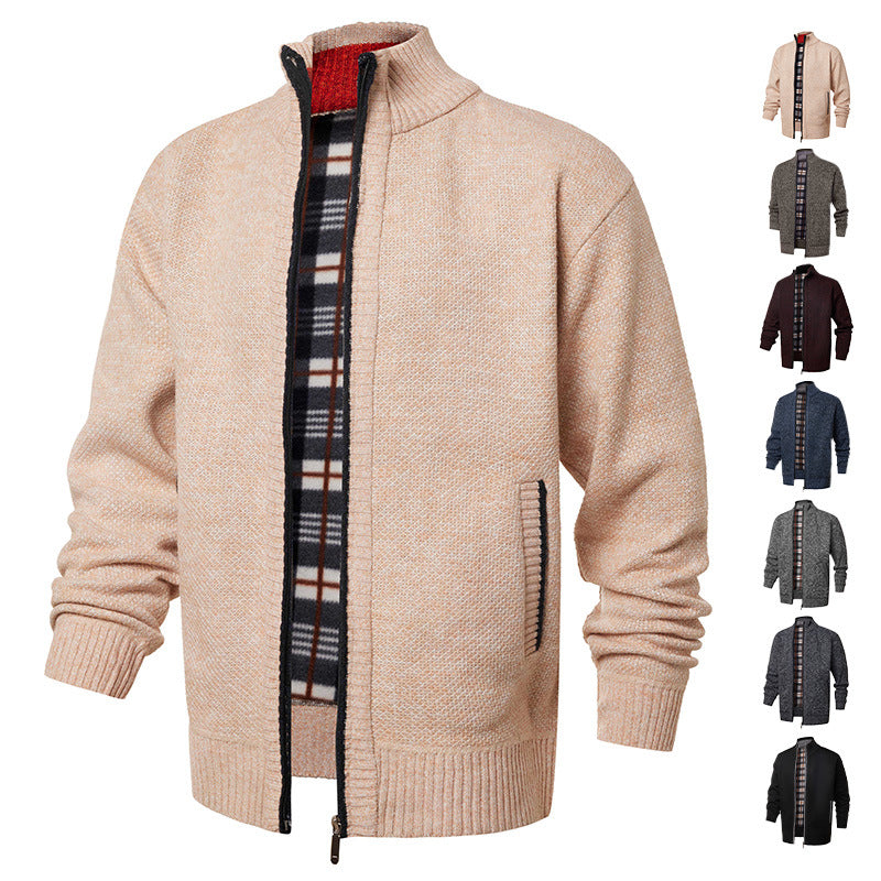Herren gebürstete Strickjacke mit kariertem Thermofutter und Stehkragen Drune