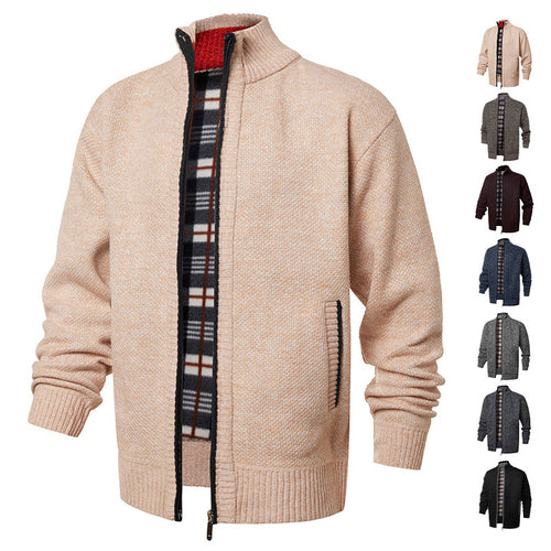 Herren gebürstete Strickjacke mit kariertem Thermofutter und Stehkragen Drune