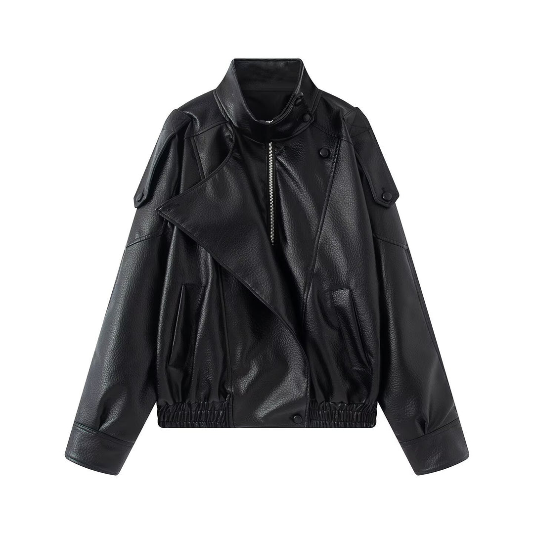 Damen Oversized Kunstleder-Bikerjacke mit asymmetrischem Revers, Stehkragen und Taillenzug Drune