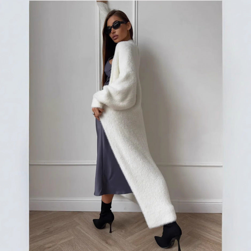Damen Flauschiger Langstrickmantel mit elegantem Schnitt und lockeren Ärmeln Drune