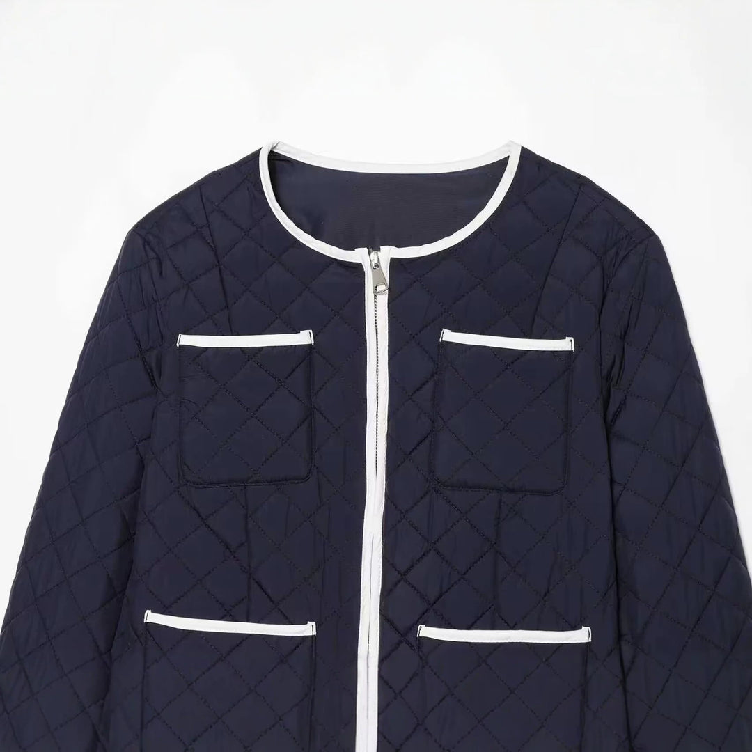 Damen Kurz gesteppte Jacke mit Rundhals, Kontrastpaspel und aufgesetzten Taschen Drune
