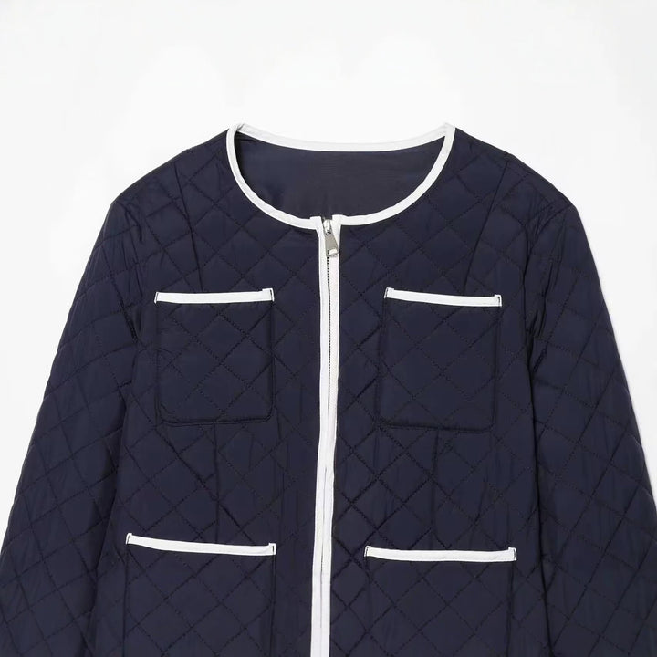 Damen Kurz gesteppte Jacke mit Rundhals, Kontrastpaspel und aufgesetzten Taschen Drune