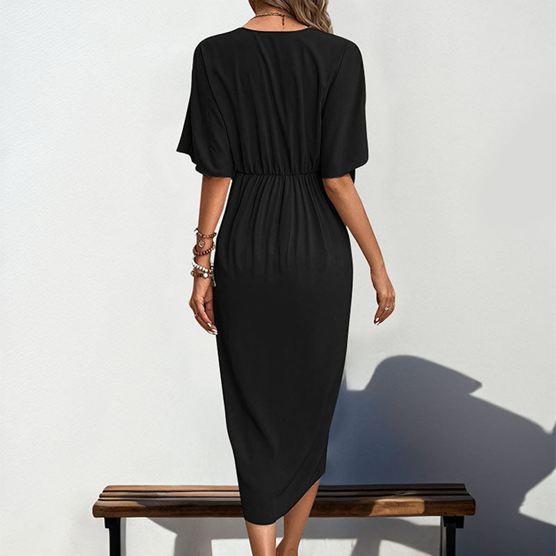 Damen Wickel-Midikleid mit Knotendetail, V-Ausschnitt und überschnittenen Ärmeln Drune